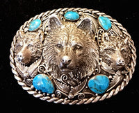 SS Three Wolf Head, Five Turquoise Stone Belt Buckle