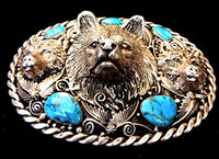 SS Three Wolf Head, Five Turquoise Stone Belt Buckle