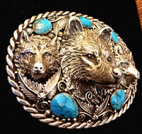 SS Three Wolf Head, Five Turquoise Stone Belt Buckle