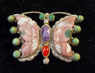 Butterfly Agate/Coral/Turq/Jade Pin