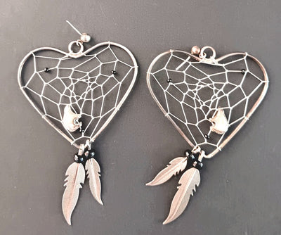 72mm Heart Dream Catcher EarRing With Feathers