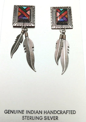 16mm SS Square Inlay with Feathers Earring