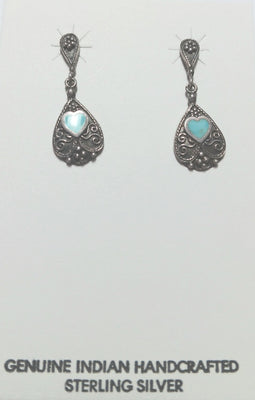 32mm SS Inlay Turquoise Heart Teardrop Earring