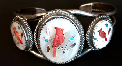 56" SS Red Cardinal Inlay Mother of Pearl Bracelet