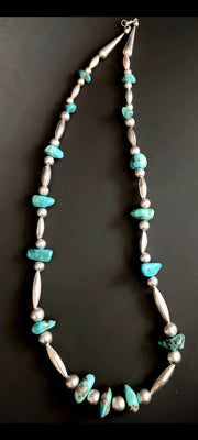 26" Turquoise Nugget Silver Beads Necklace