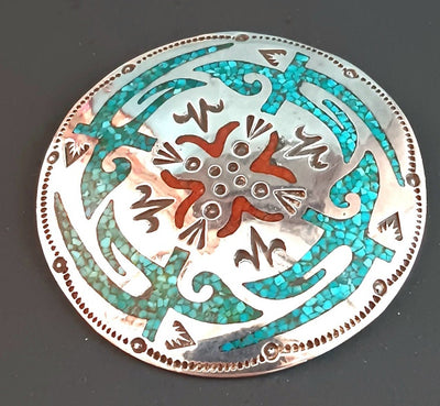 58"mm Round Coral Turquoise Inlay Chip Pin/Pendant