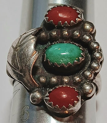 5-SS Turquoise, Coral Leaf Ring