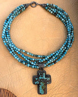 Turquoise Cross Pendant Set with Beaded Necklace 18"