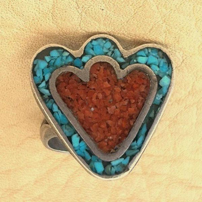 Vintage Chip Inly Turquoise, Coral Ring Sz 6