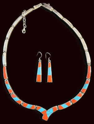 Turquoise & Coral Inlay Necklace Set