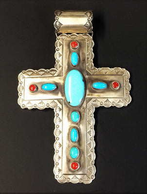 SS Turquoise Coral Cross Pendant 5.75" x 3.75"